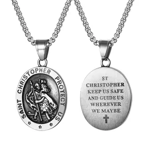 OIDEA Men St Christopher Necklace: Women Silver Stainless Steel Religious Medallion Pendant Travelers Catholic Amulet Protection Jewelry Gift