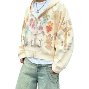 American Retro Casual Oversized Sweatshirt Harajuku Punk Cross Print Zipper Hoodie Men Street Trend Brand Clothing Jacket