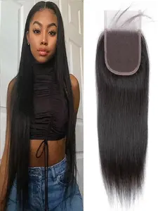 4x4 HD Lace Closure Straight Lace Closure Human Hair Weave , Brazilian Virgin Hair Transparent Frontal Closure Pre-plucked Natural Black with Baby Hair