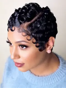 pixie cut wig pixie wig 13x4 frontal transparent lace  black  color short curly human hair wig daily party cosplay gift use remy hair wig for women  Party holidays gift wig Glueless Bangs Wig