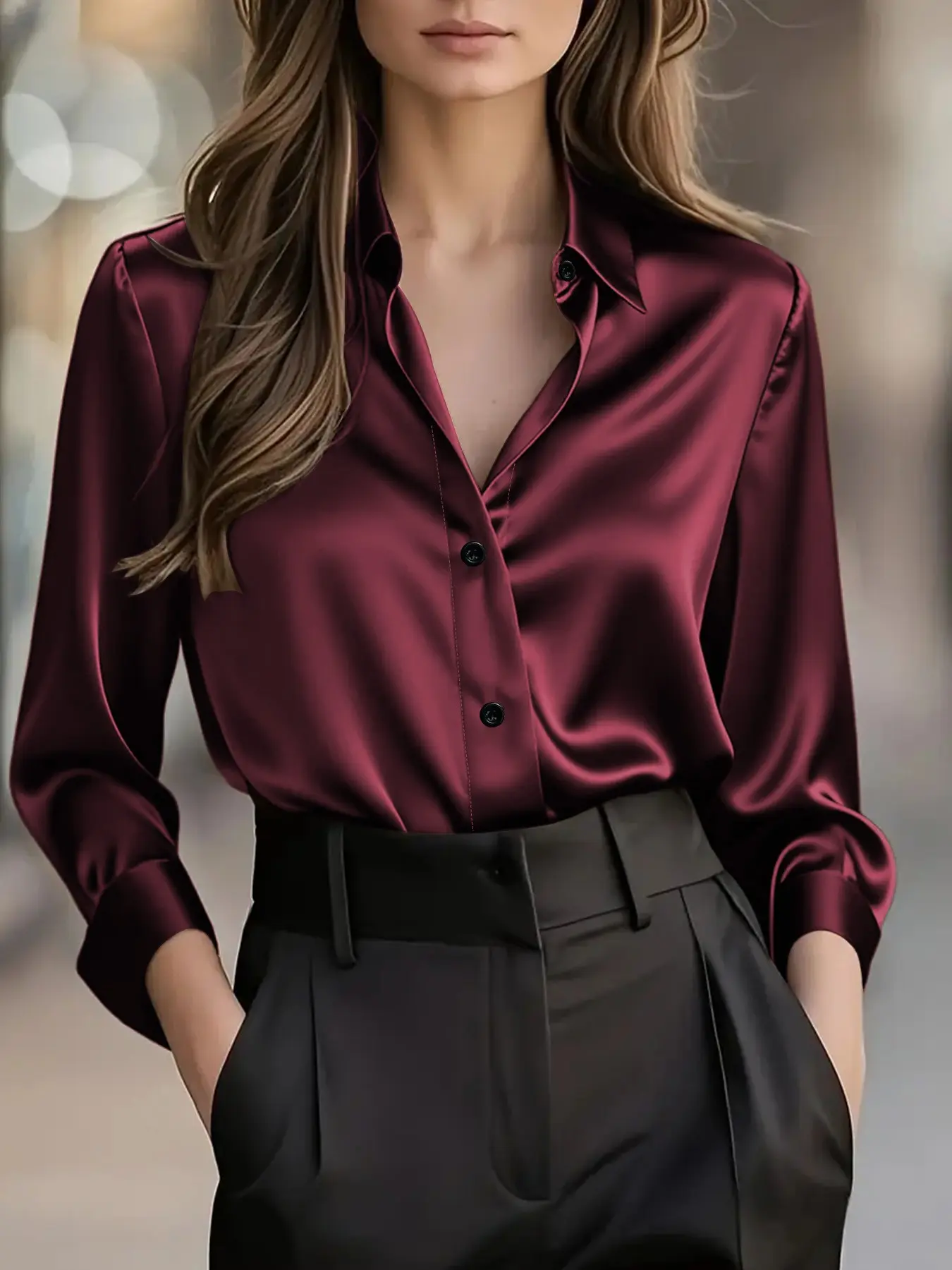 Women's Plus Size Smooth Satin Blouse, Business Casual Collared Button Shirt, Elegant Chic Office & Living Room Top, Fitted Long Sleeve, Business Work Tops