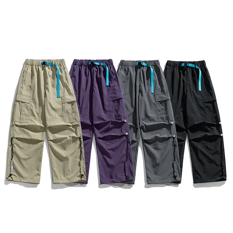 Men's work pants, wide leg parachute work pants, Gorpcore multifunctional pants, tactical hiking pants, loose Techwear jogging pants, outdoor quick drying work pants, buckle waistband pleated paratrooper work pants