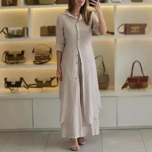2025 Women's New Summer and Autumn Elegant Cotton and Linen Slim Waist Long Sleeve Shirt Wide Leg Pants Set