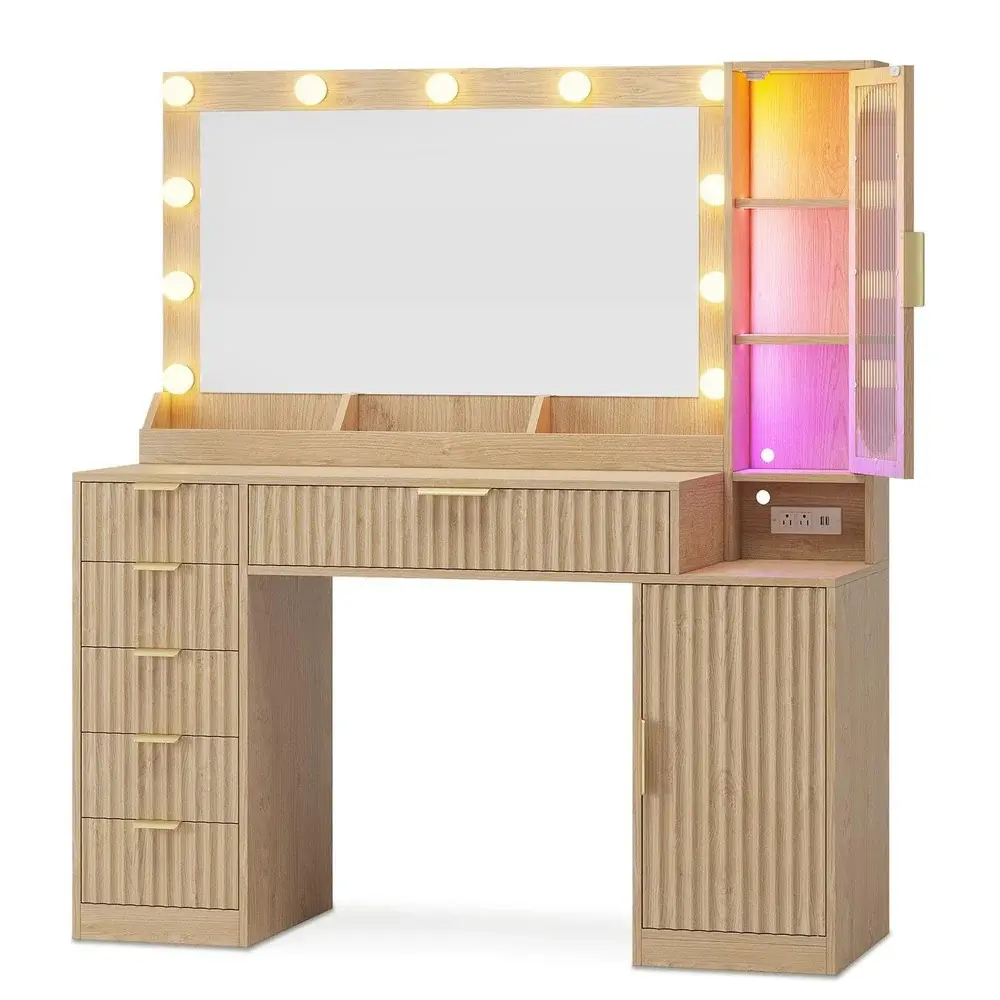 SIKAIC Oak Lighted Makeup Vanity Desk - Modern Stylish Color-Adjustable Self-Contained Drawer-Style Indoor Furniture with 31.5" Mirror, RGB LED Lights, Charging Station, 6 Drawers, Cabinet, Shelves, Stylish Makeup Vanities
