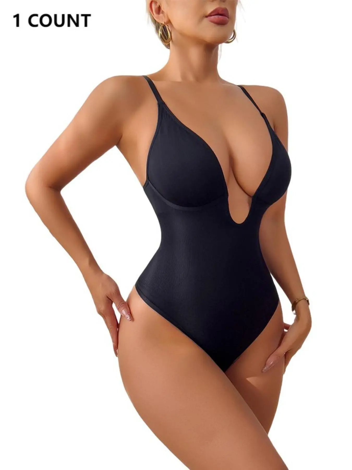 Women's Solid Deep V Neck Seamless Elastic Shapewear Bodysuit, High Stretch Tummy Control Girdle Butt Lift Shaper, Ladies Shapewear for All Seasons, Body Sculpting Compression Bodysuits