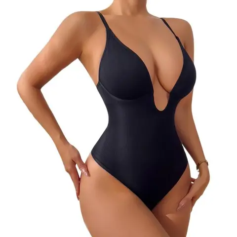Women's Solid Deep V Neck Figure Shaping Seamless Elastic Shapewear Bodysuit, High Stretch Tummy Control Girdle Butt Lift Shaper, Ladies Shapewear for All Seasons, Body Sculpting Compression Bodysuits