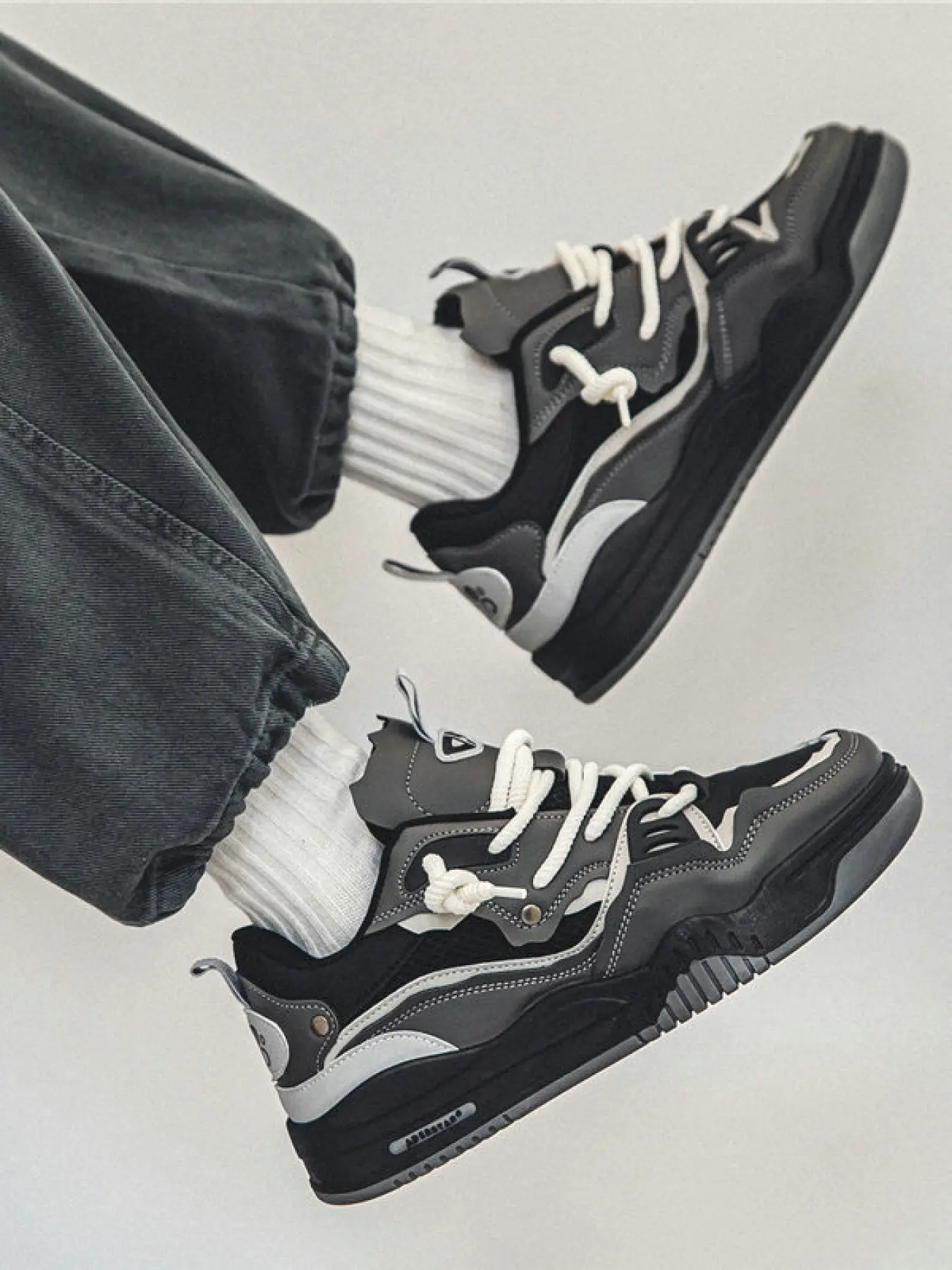 Men's Chunky Skate Sneakers, Color Block Design, Breathable Mesh & Leather Upper, Thick Platform Sole for Height Boost, Non-Slip Durable Outsole, for Street Style, Daily Commute, Casual Outings, Streetwear Sneaker Style
