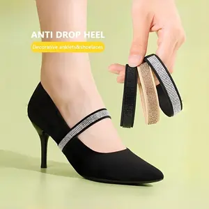 1 pack (2 pieces) women's anti-slip, anti-fall heel accessories, with adjustable elastic rhinestone shoelaces, suitable for loafers, flats, high heels, and boat shoes, available in black and khaki