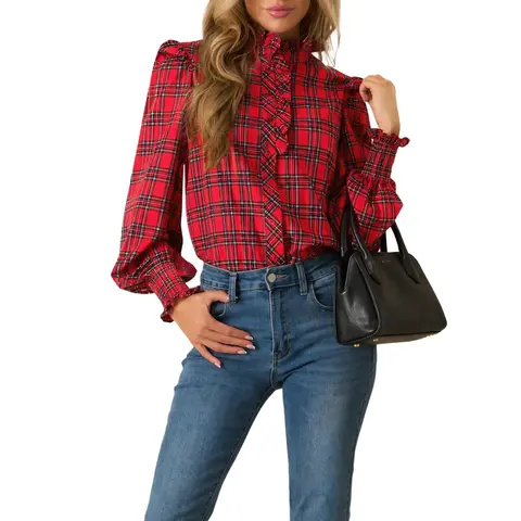 Imily Bela Womens Plaid Cotton Shirts Neck Button Down Long Sleeve Festive Feeling Red Plaid Cotton Ruffle Neck Button Up Blouse Casual Dressy Blouse Tops