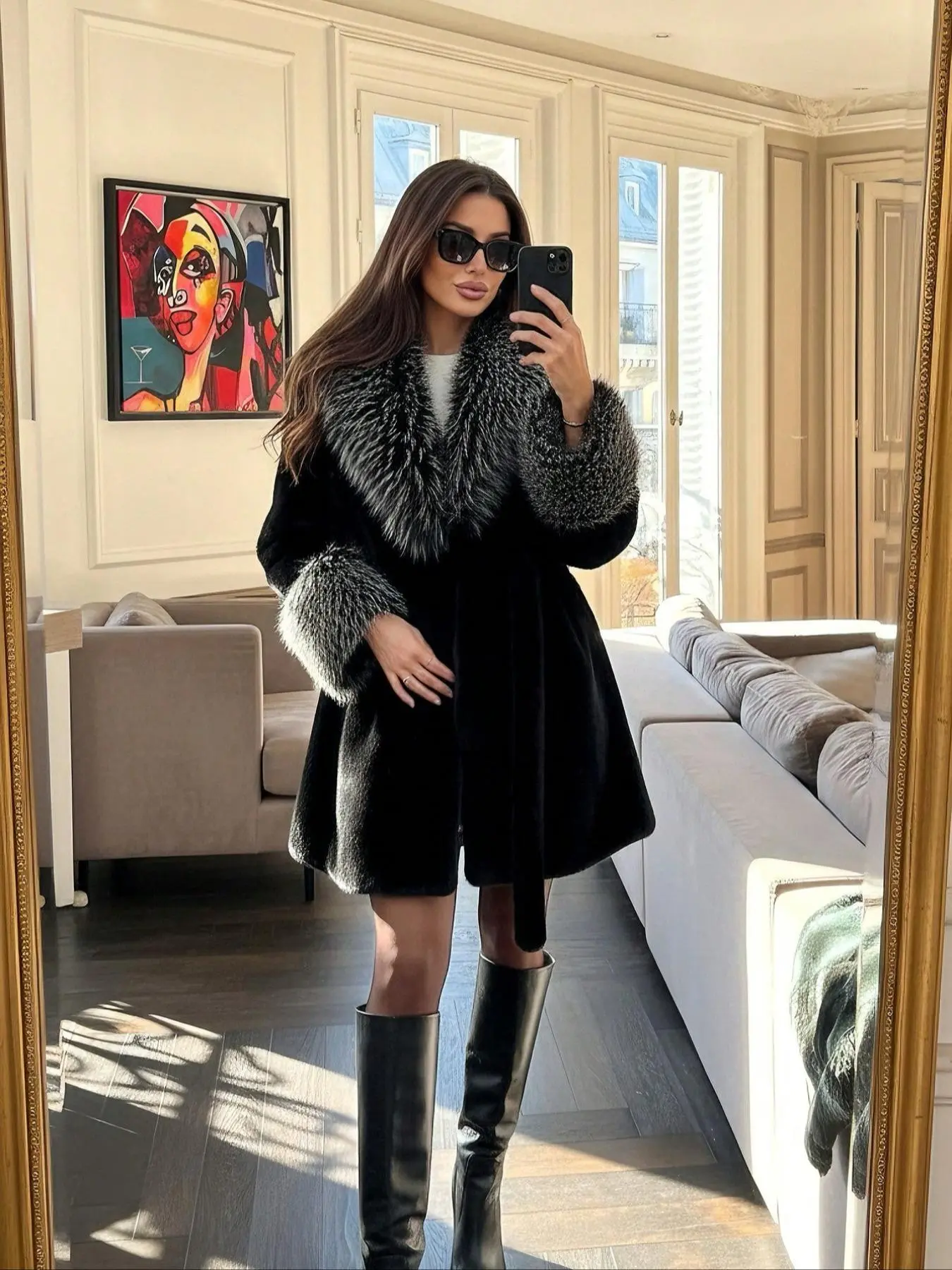 2026 Winter New Christmas Faux Fur Coat, Fashionable Large Collar Long Sleeve Loose Fit Women's Jacket, Retro Style Fake Fur Outerwear Tops, Basic