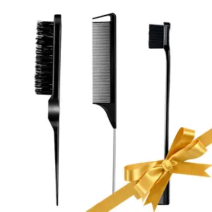 3 Count Comb Set for Teasing Edge and Back Brushing Rat Tail and Edge Combs Hair Stick for Styling Women's Haircare (Black)