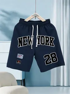Men's New York 28 Print Graphic Casual Shorts, Menswear Sporty Varsity Style Loose Fit, Fitted Streetwear, Boho Fashion, Perfect for Daily Wear