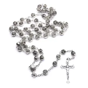 Catholic Rose Flowers Beads Rosary Necklace for Women Cross Pendant Long Chains