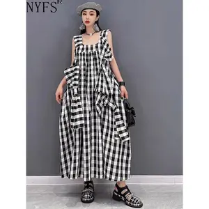 NYFS 2026 Summer New Plaid Dresses Backless Sleeveless Patchwork Bow Small Fresh Minority Elegant Loose Plus Size Long Dress