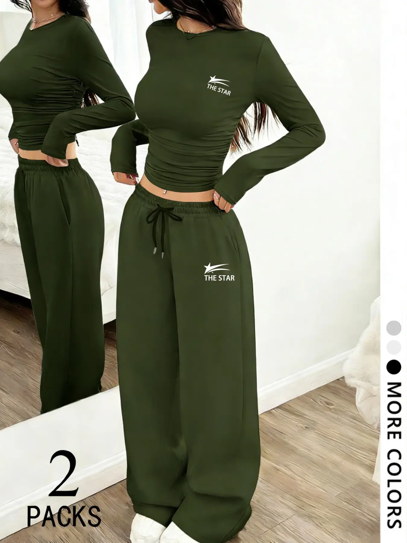Women's 2-Piece Casual Set, Yoga Outfit, Yoga clothes set, High-stretch, breathable fabric with THE STAR print, Slim ruched long-sleeve top + loose drawstring wide-leg sweatpants, Multiple colors, Casual for yoga, daily outings