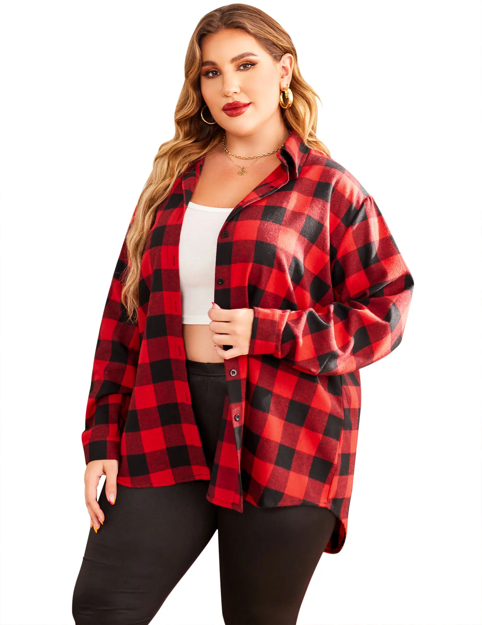 Women's Plus Size Plaid Flannel Shirt, Comfy Casual Boyfriend Style Button Down Top with Long Sleeves and Polo Collar, Yarn, Thin, Fabric, Plaid Shirt, Collared Neck, Lady, Style Inspo, Dress Casual, Simple, Plaid Lattice