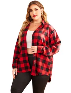 Women's Plus Size Simple Long-Sleeve Yarn Cotton Loose Collared Plaid Flannel Shirt - Thin Roll-Up Button-Down Boyfriend Top, Casual Spring & Autumn Blouse with Polo-Inspired Soft Fabric