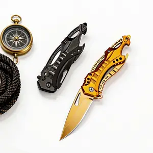 Mechanical Folding Pocket Knife for Men, Hollow Out Dual Color Stainless Steel Blade with Glass Breaker and Rope Cutter for Camping, Hiking, Daily Use, Knives
