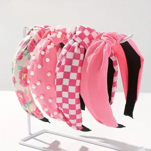 4-Pack Hot Pink Knotted Headbands for Women, Floral Print Non-Slip Wide Hair Bands, Cute Top Knot Style Hair Accessories for Girls and Teens