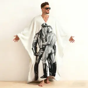 Men's Full Print Tom of Finland V-Neck Long Sleeve Cotton Kaftan - Closed Front Retro Art Bold Graphic Pullover Robe, Lounge Wear