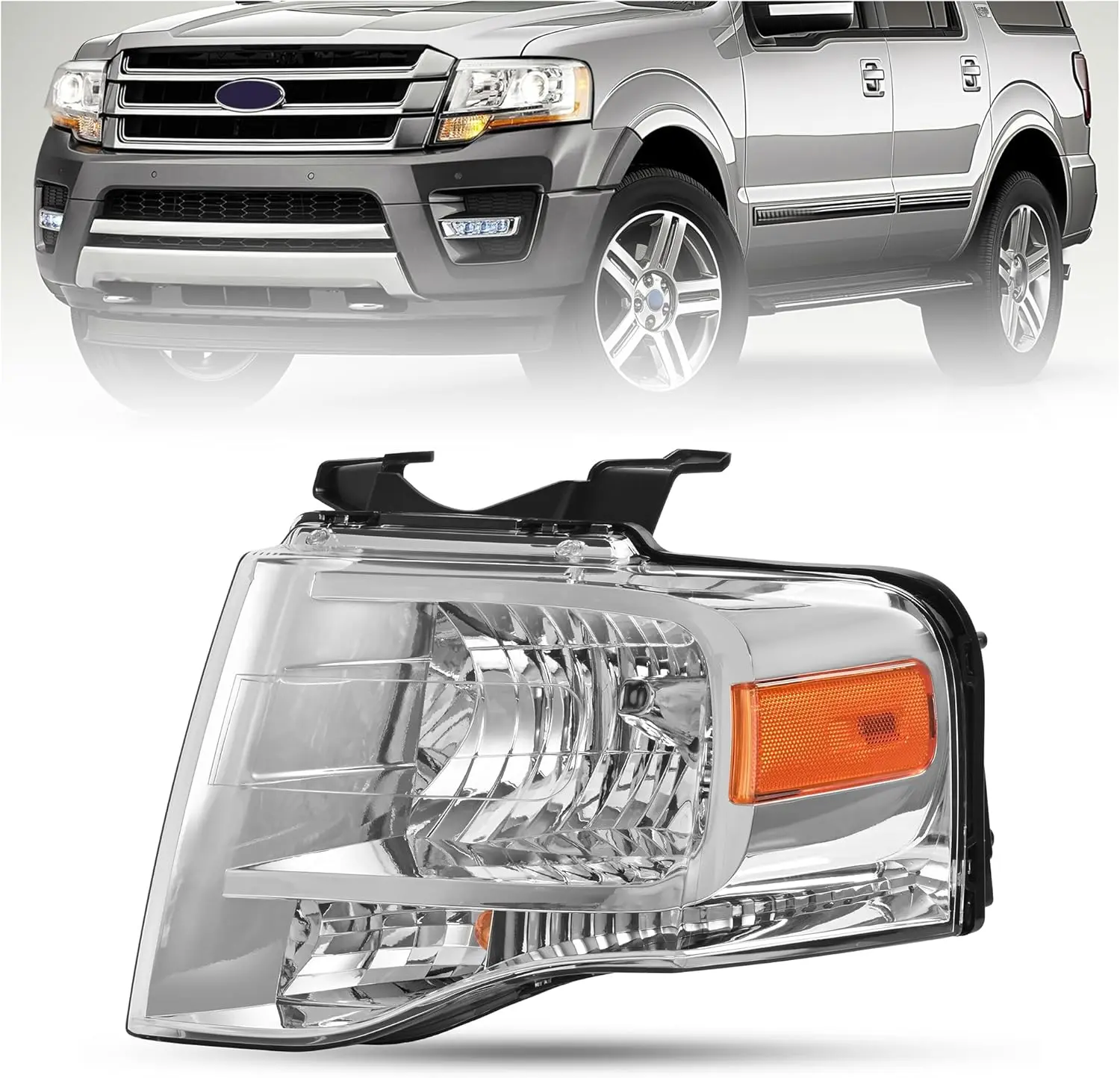 HECASA Left Headlight Assembly Compatible with 2007-2014 Ford Expedition Replacement for 7L1Z13008BB FO2502226 Halogen Headlamp Front Light Lamp w/Bulb Clear Lens Chrome Housing Driver Side