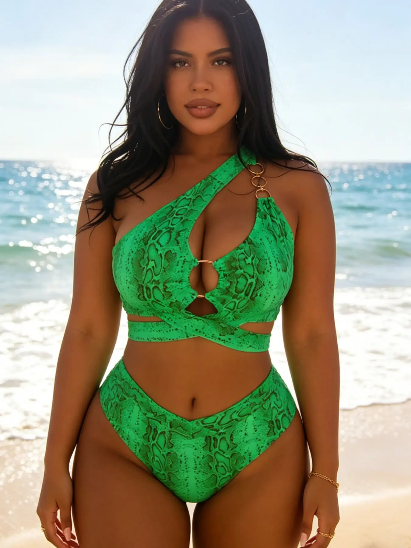 Women's European Style Plus Size New Snake Print Sexy Tie Front Printed Bikini Set, Perfect for Beach, Pool, and Sea, Trendy Swimwear for Summer, Chic Swimsuit Swimwear Sets