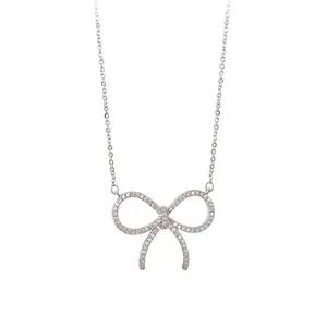 Elegant Silver Bow Necklace with Dazzling Zirconia Accent