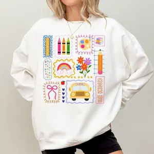 Trendy Teacher Sweatshirt – Colorful Doodle Back to School Crewneck, Preppy Coquette Pink Bow Oversized Teacher Gift