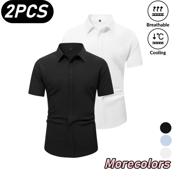 Men's 2-Pack Summer Short-Sleeve Business Shirts - Classic Notched Collar Basics, Breathable Fabric, Button-Front, Sweat-Resistant, Deformation-Resistant, Hand Wash, Wardrobe Staples for Office Work & Everyday Outings