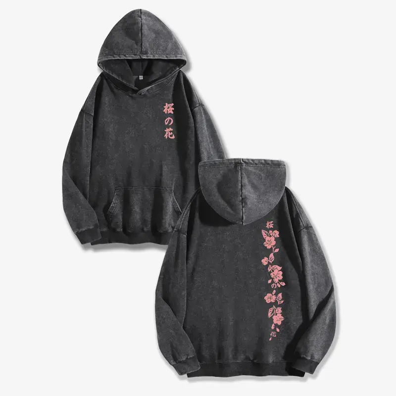 Japanese Cherry Blossom Double-Sided Washed Hoodie, Oversized Menswear And Women Menswear Tops, Gym Pump Cover, Hip Hop Y2K Graphic Apparel, Gift for Fans