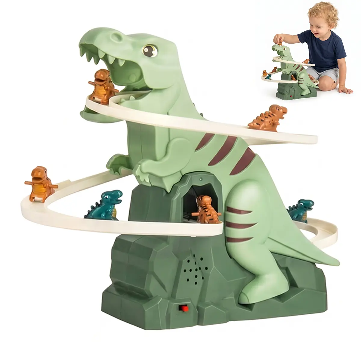 Electric Dinosaur Stair Climbing Toy, Automatic Slide Track Playset with 6 Dinosaur Cars, Slide Educational Interactive Racing Toy for Kids, Ideal Holiday Birthday Gift