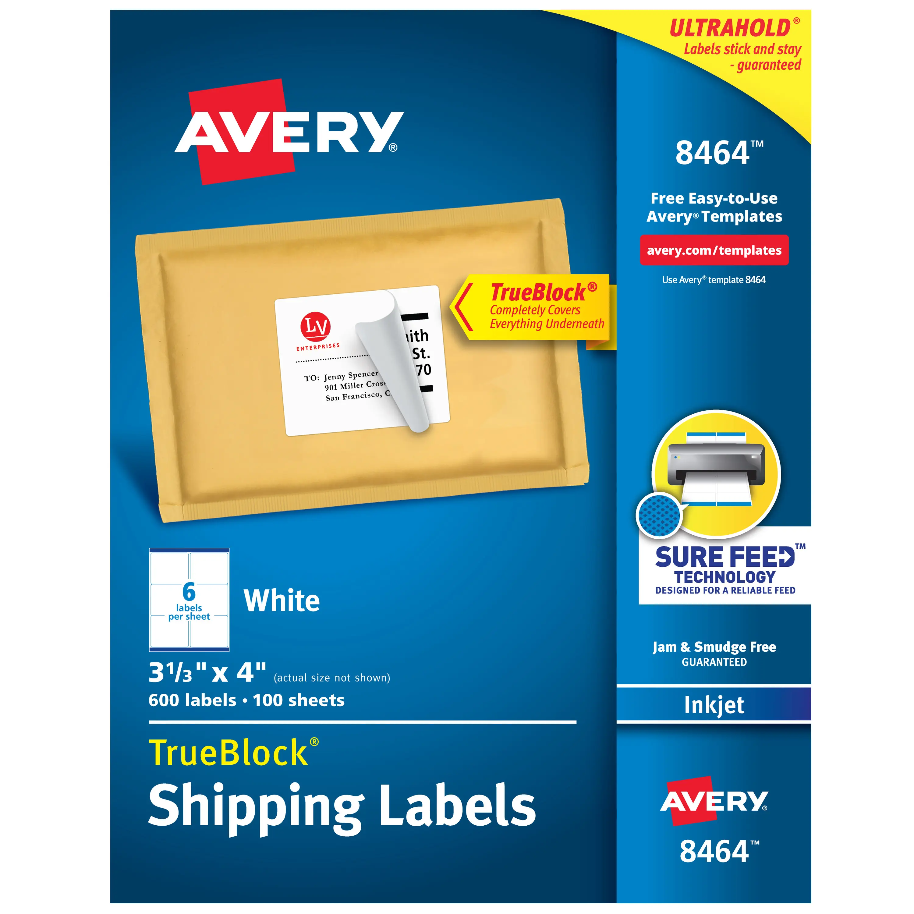 Avery Printable Shipping Labels with Sure Feed Technology, 3-1/3"x4" White for Inkjet Printer, Crafting & Gift Tags, 600 Crisp Text Blank Mailing Labels (8464)