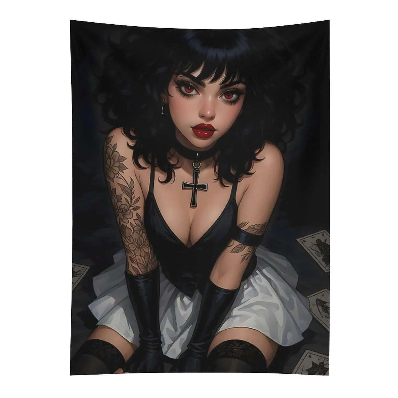 Goth Anime Girl Cross Tapestry Dark Portrait Wall Hanging Decor