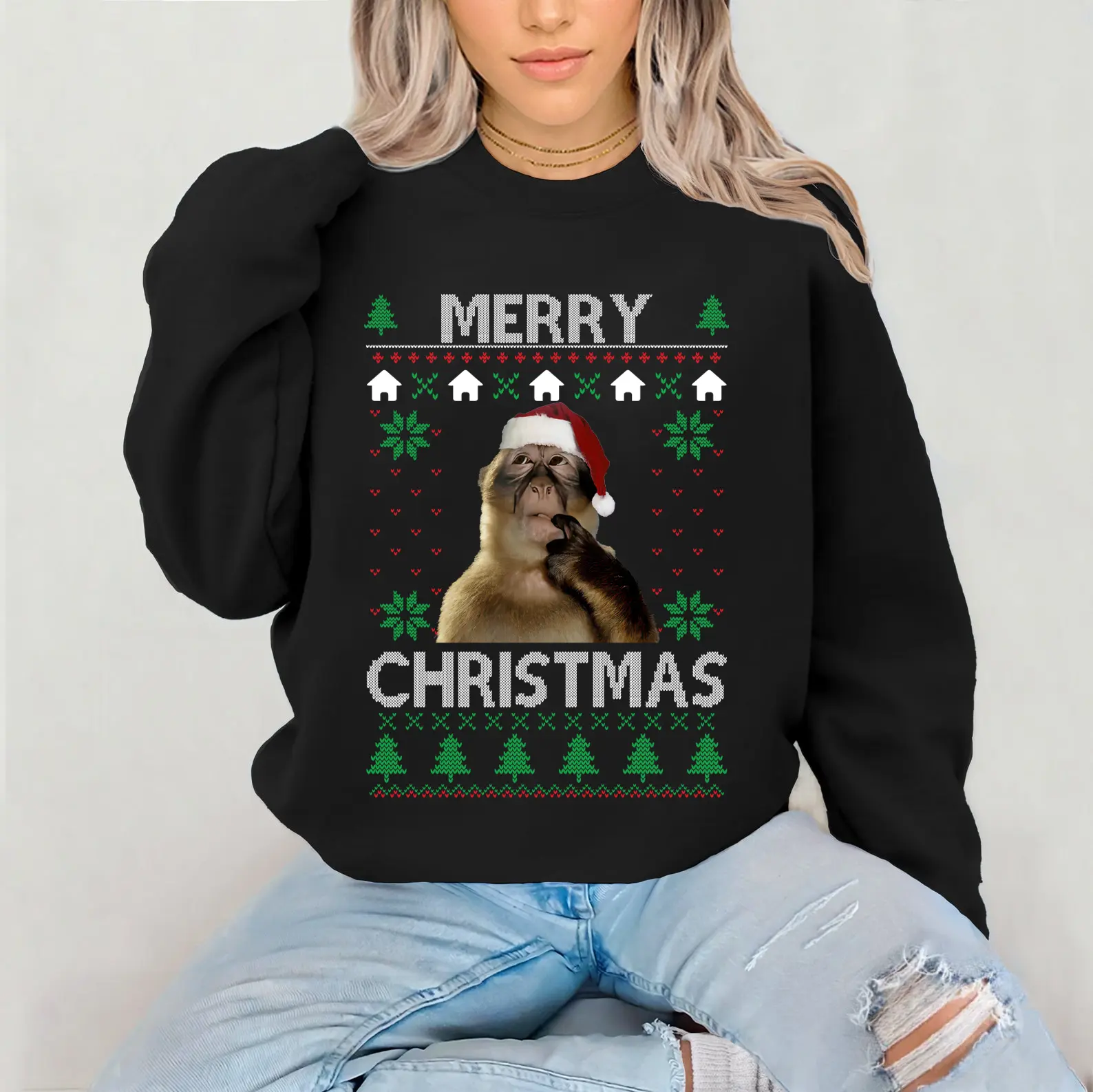 Funny Meme Christmas Ugly Sweatshirt, Thinkin Monkey Ugly Sweatshirt