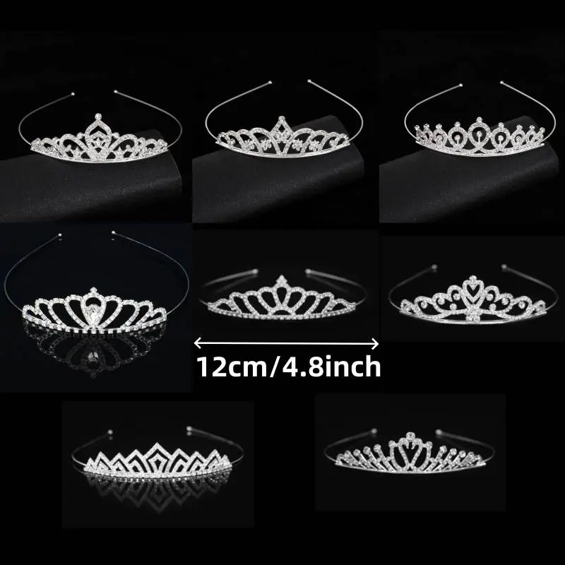 Women's Crown Headbands - 8-Piece Sparkly Silver Metal Rhinestone Tiara Headpieces with Elastic Band (12cm/4.8in), Elegant, Excellent Elasticity, Long-Lasting Durability for Weddings, Birthdays, Proms