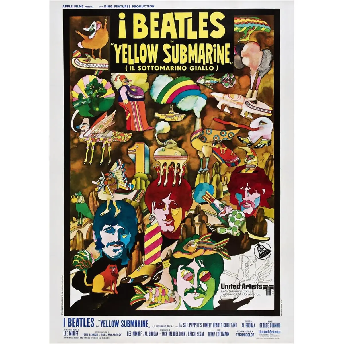The Beatles 1968 Italian Version Yellow Submarine (Il Sottomarino Giallo) 24x36" Wall Print - Hangable Home Office Decor with Bottom-Left John Lennon, Paul McCartney, George Harrison, Ringo Starr Art, Decorative