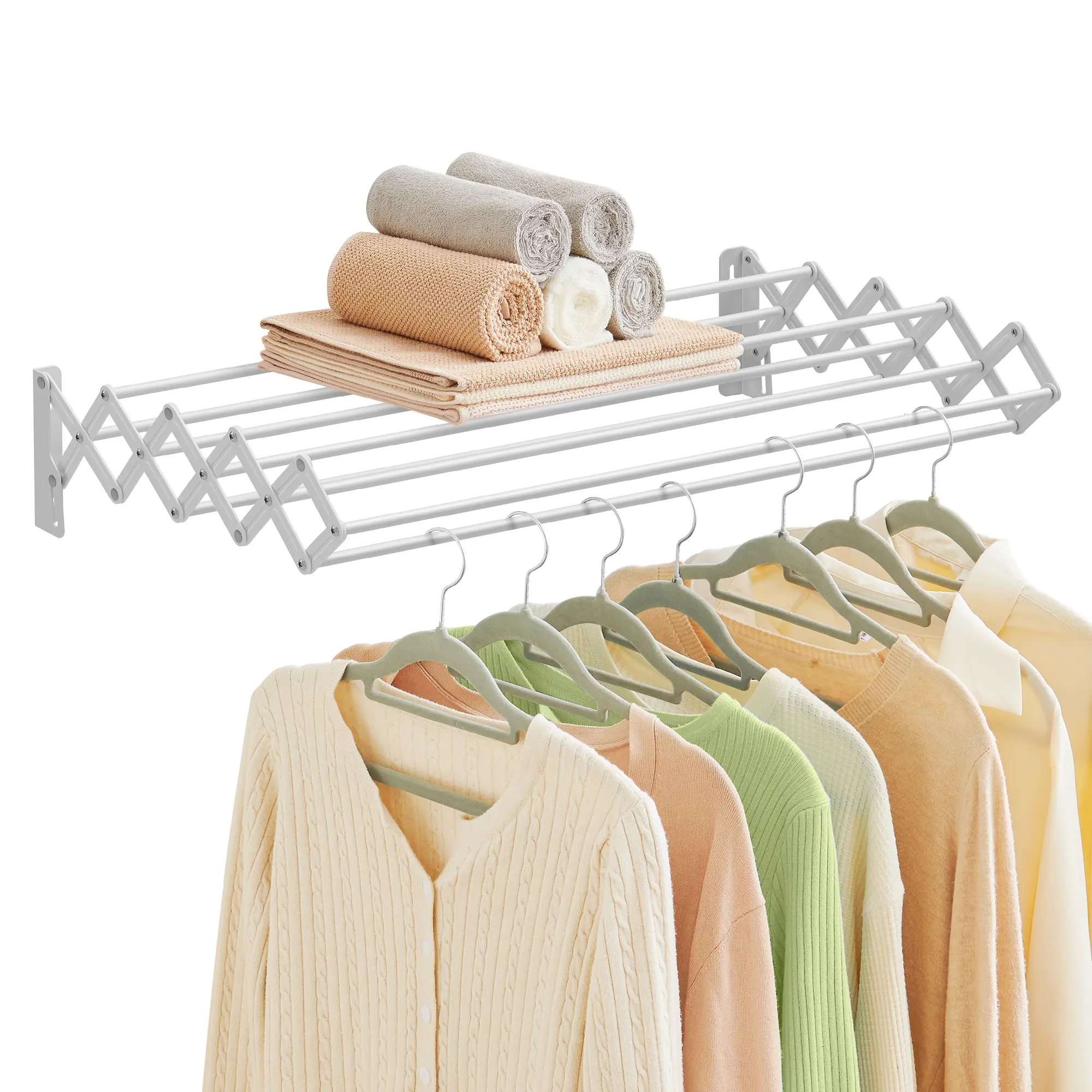 SONGMICS Clothes Drying Rack, Wall-Mounted Drying Rack, | 9 Staggered Hanging Rods, Accordion Laundry Rack, Expandable and Retractable