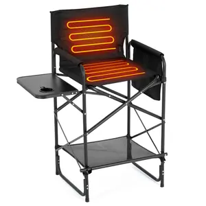 SLSY Heated Camping Chairs, Tall Directors Chair with Cup Holder ,Foldable Makeup Artist Chairs Bar Height with Side Table, Mesh Pockets and Footrest, Heavy Duty 400 lbs (Power Bank Excluded)