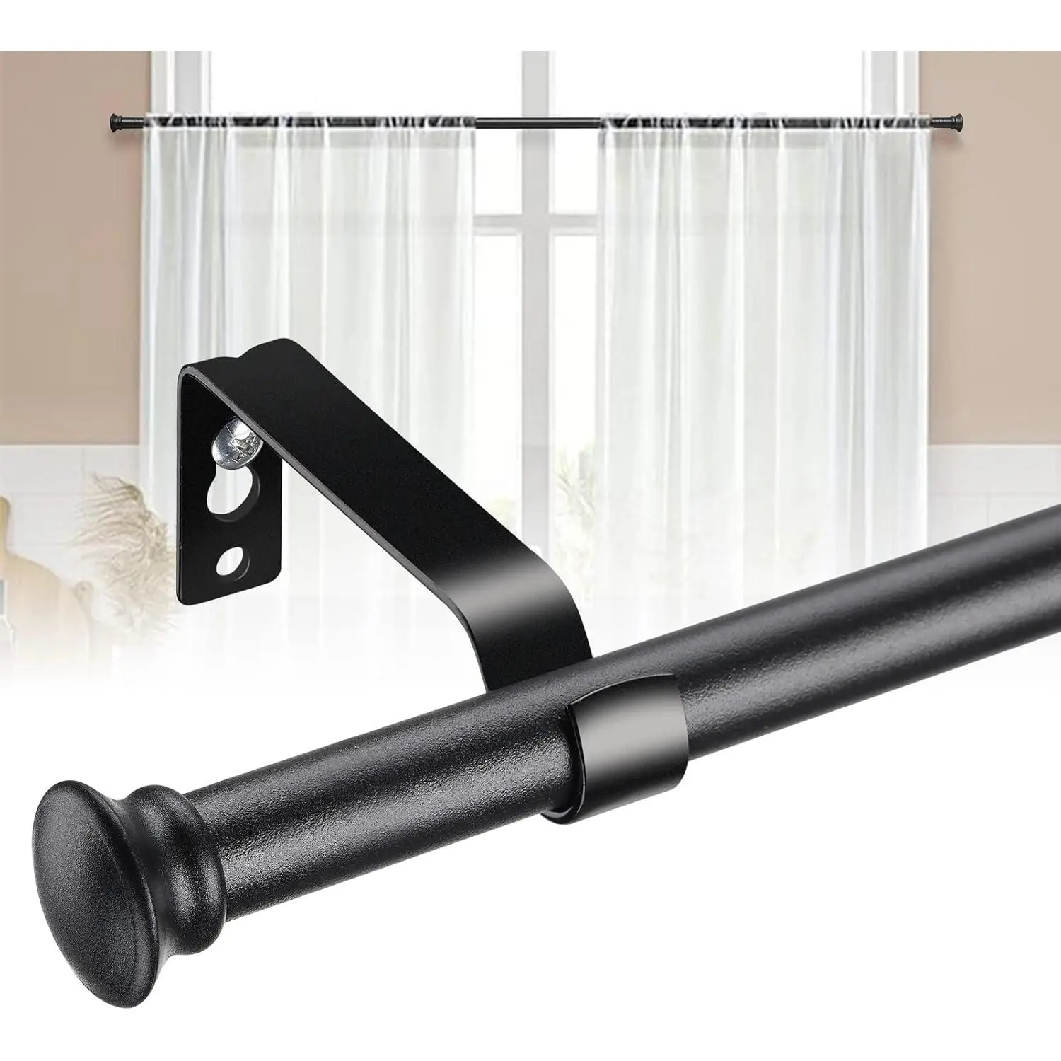 Curtain Rods for Windows 28 to 50 Inch - 5/8" Heavy Duty Curtain Rod Set - Decorative Cafe Drapery Rods with Brackets for Kitchen,Bathroom,Sliding Door - Matte Black