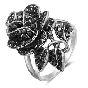 Mytys Black Rose Ring for Women Vintage Marcasite Cocktail Statement Ring Antique Retro Chunky Jewelry Gift