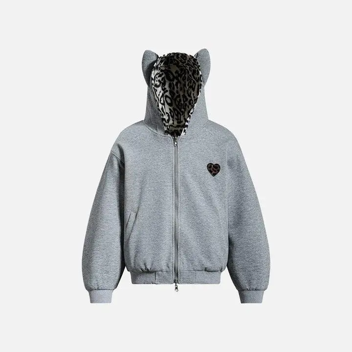 Aelfric Eden Reversible Leopard Zip Up Hoodie Oversized Dropped Shoulder Fit Reversible Design Cat Ear Hood Leopard Print Lining Leopard Heart Embroidery Soft Fabric Cute Edgy Streetwear Unisex Outerwear