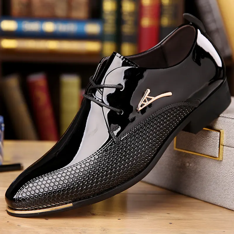 Men's Wingtip Oxford Dress Shoes - Black Patent Leather with Brogue Detailing, Stylish & Comfortable for Business & Formal Events