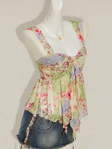 Summer Beach Vacation Ditsy Floral Mesh Halter Top, Cute Asymmetrical Hem Sleeveless Women's Transparent Shirt, Small Fresh Style