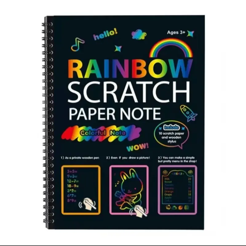 Colorful Scratch Book Birthday Party Holiday Art Drawing Paper, Rainbow Scratch Art Notebook, Spiral Bound Magic Scratch Book for Kids