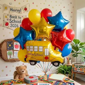 17pcs Back-To-School Balloon Set, Bus-Shaped Aluminum Balloons, 18-Inch Blue Gold Star Balloons, 10-Inch Latex Balloons for Party Decor
