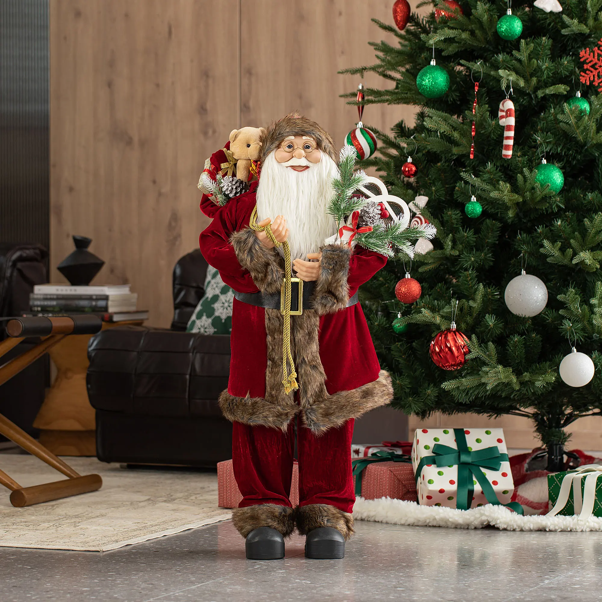 Glitzhome 35-in Oversize Warm Faux Fur Traditional Luxury Santa Claus Figurine - Friendly Expression, Festive Holiday Decorating Piece for Indoors, Figurines & Miniatures