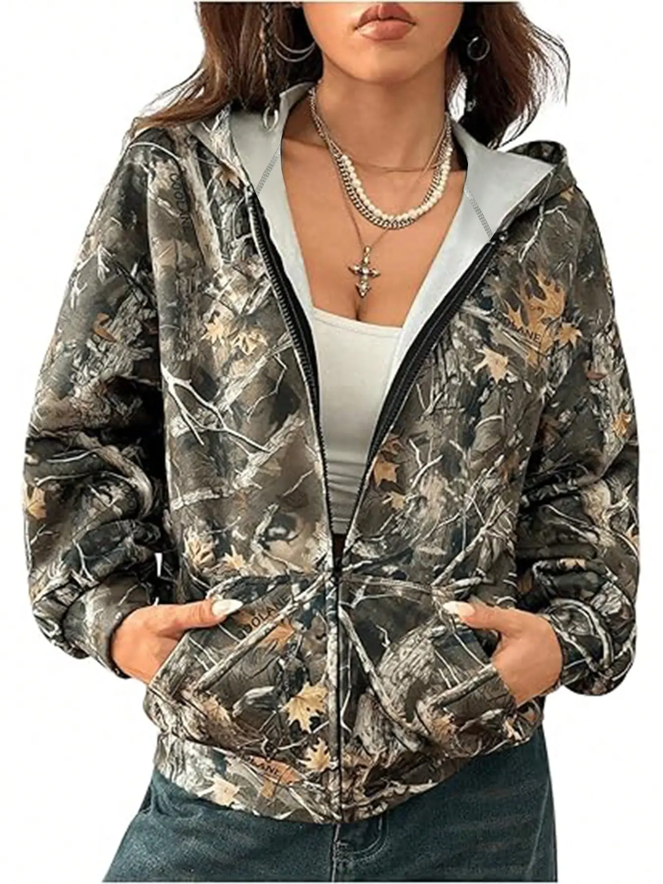 Women's Regular Fit Vintage Camouflage Leaf Print Knit Vneck Long Sleeve Hoodie, Sweatshirts, Tops, Stylish Casual Athletic Jacket for Outdoor Activities, Trendy Ladies Outerwear, Spring