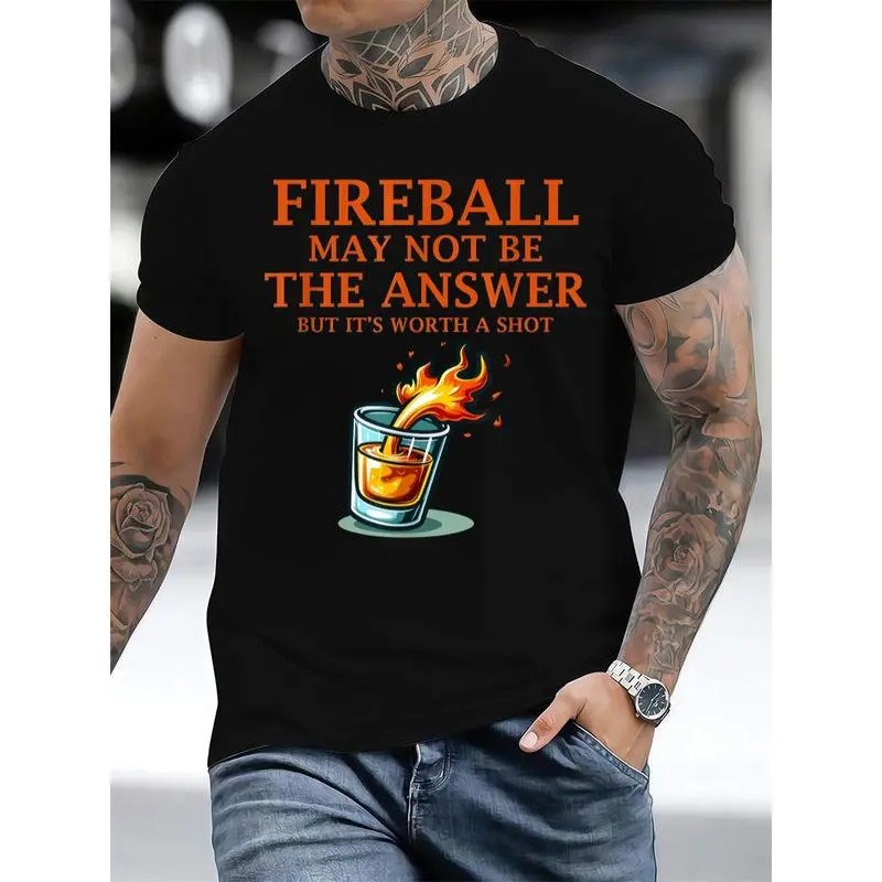 Menswear Classic Fit Short-Sleeve Novelty Graphic T-Shirt - 100% Soft Cotton, Fireball Whiskey Print, Round Neck, Novelty Graphic Men's Short-Sleeve T-Shirts, Tops, Digital Print, Shortsleeve, Tshirt, Streetwear, Fabric, Casual, Unisex, Fades Resistant, R