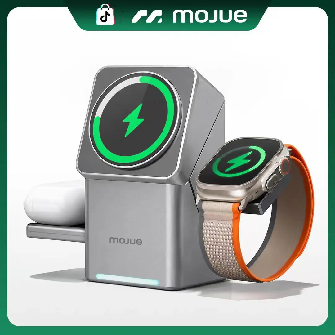 MOJUE 3 in 1 Charging Station for Apple, Mag-Safe for iPhone , Qi2 Certified Rotating   Stand for iPhone 17,16,15,14,13,12 Series, Apple Watch, AirPods (USB-C  Included) wireless charger Charging Dock for Apple Foldable fast tiktokshopbacktoschool