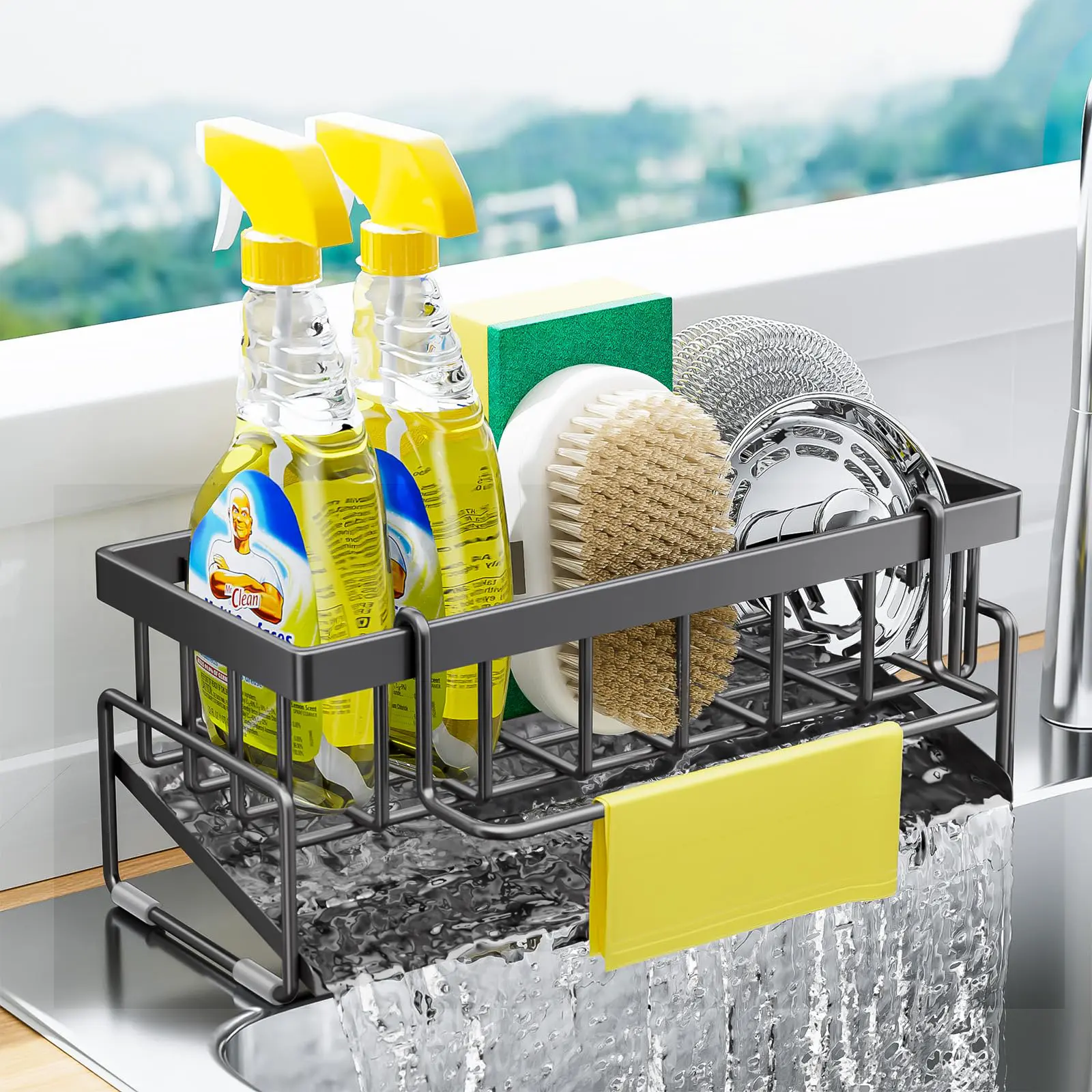 Upgraded Anti-Slip Rectangle Kitchen Sink Caddy Organizer Rack - Durable Freestanding, with Rag Holder, Self-Draining Sponge Holder, Draining Boards, Countertop Soap Dispenser Storage, Home Organizer Accessory, Selfdraining Spon